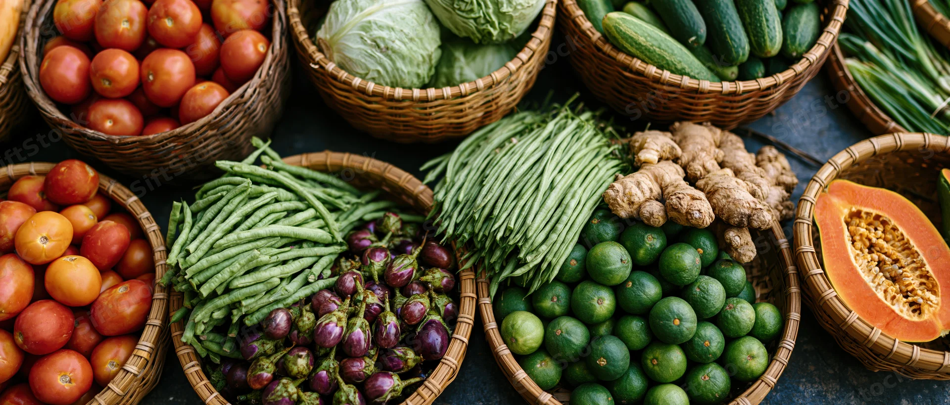 Overhead view of fresh vegetables arranged in wicker baskets at a market stall