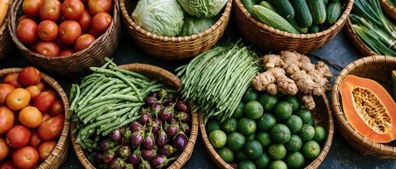 Overhead view of fresh vegetables arranged in wicker baskets at a market stall
