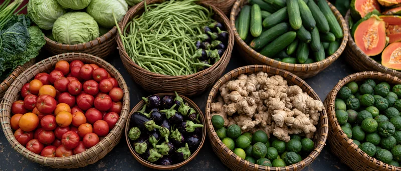 Overhead view of fresh vegetables in woven baskets at a market stall