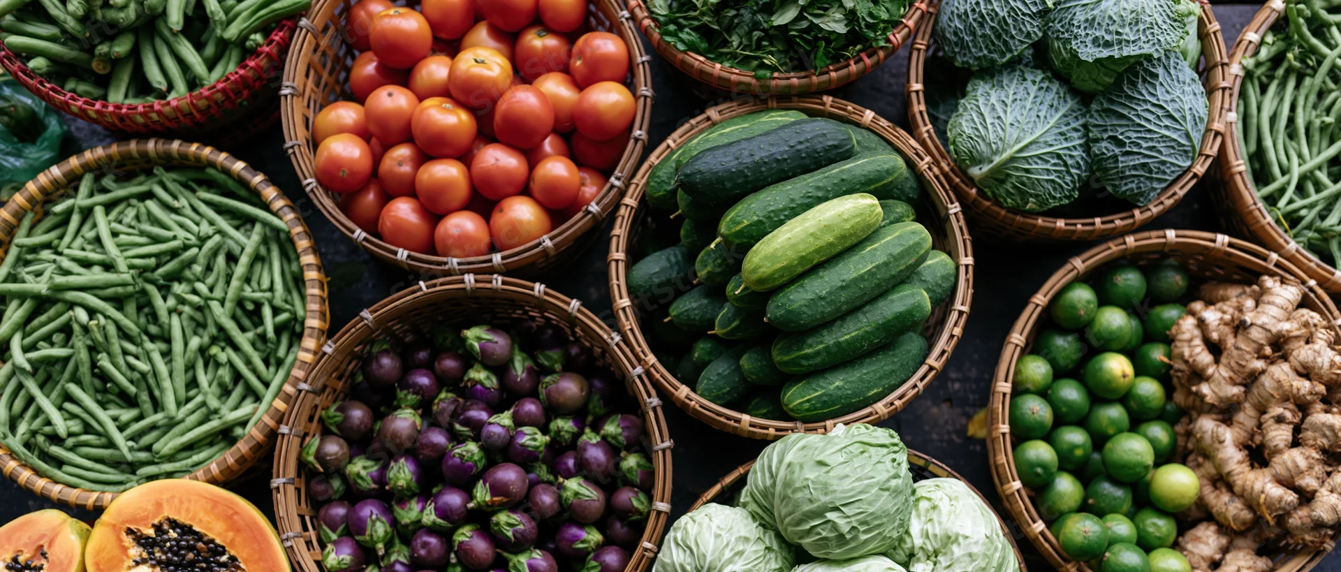 Overhead view of fresh vegetables in woven baskets arranged on a market stall