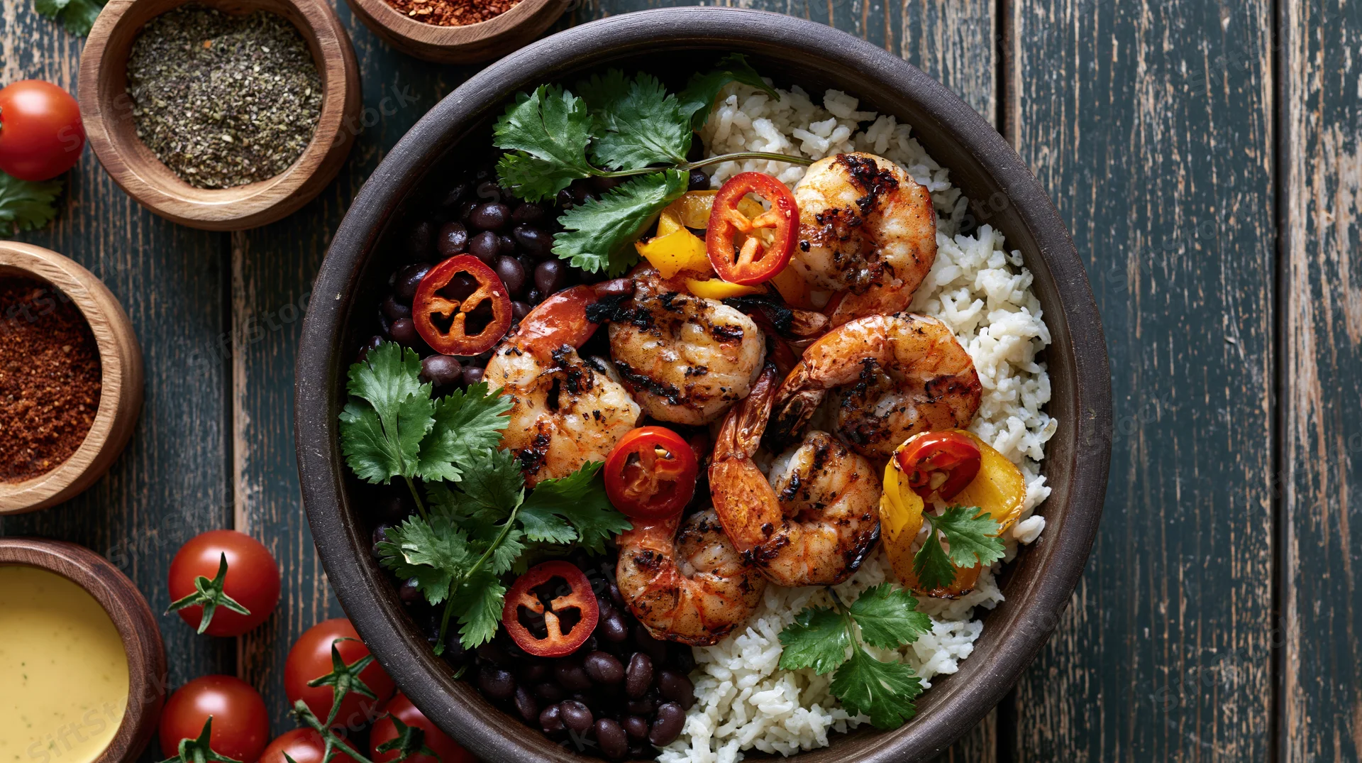 Grilled shrimp with rice and black beans in a dark stone bowl, garnished with cilantro and chili, on a wooden table with spices and tomatoes around