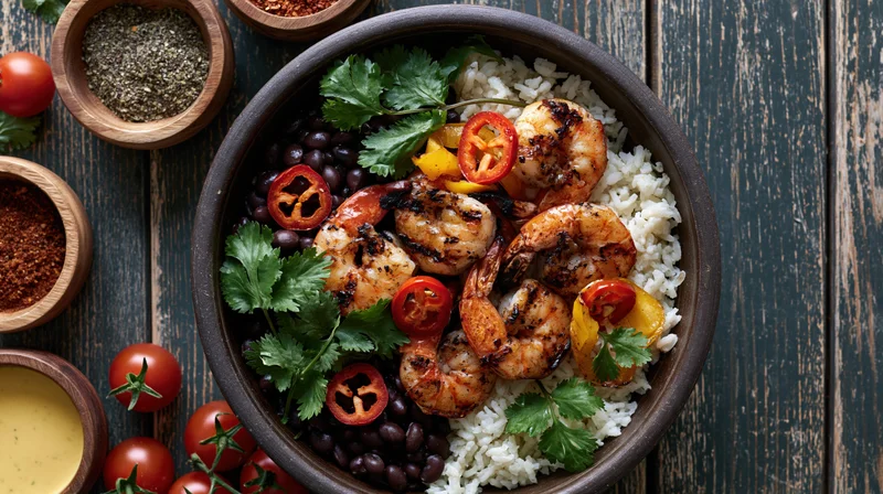 Grilled shrimp with rice and black beans in a dark stone bowl, garnished with cilantro and chili, on a wooden table with spices and tomatoes around
