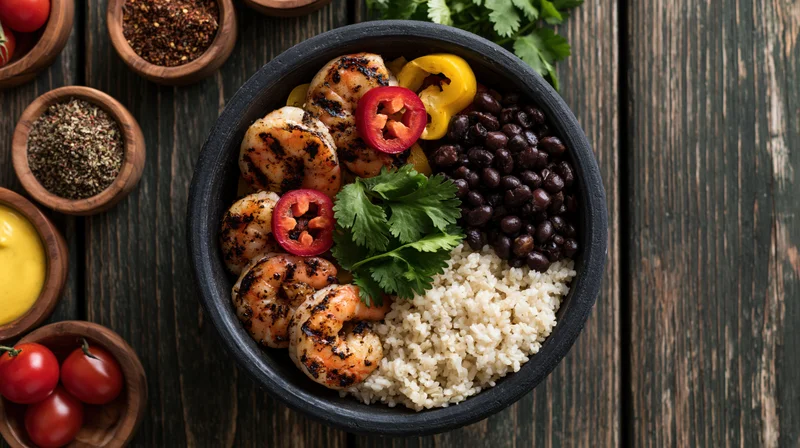 Grilled shrimp and rice bowl with black beans and cilantro on dark wooden table
