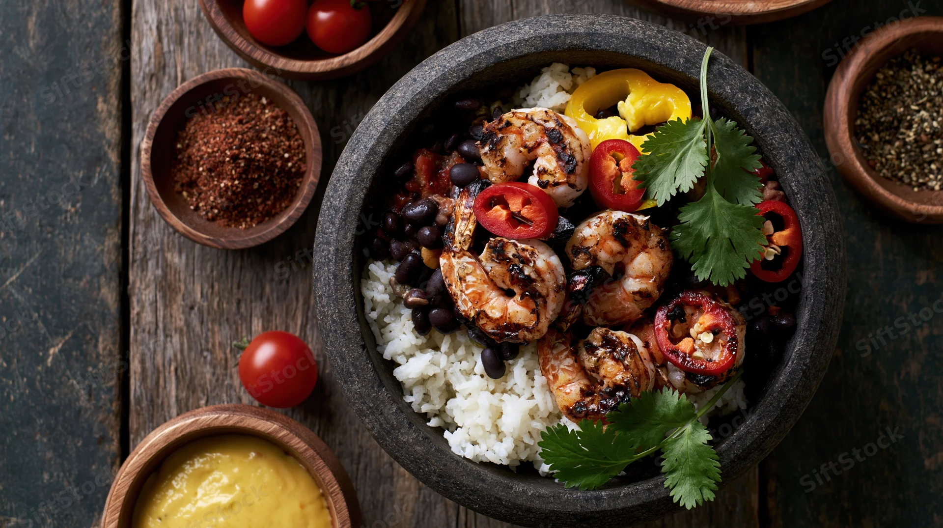 Grilled shrimp with rice and black beans in a stone bowl, garnished with cilantro and chili, surrounded by spices and tomatoes on a wooden table