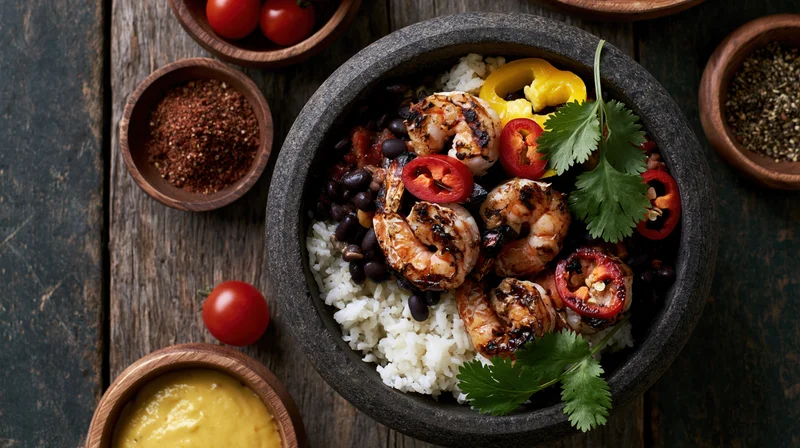 Grilled shrimp with rice and black beans in a stone bowl, garnished with cilantro and chili, surrounded by spices and tomatoes on a wooden table