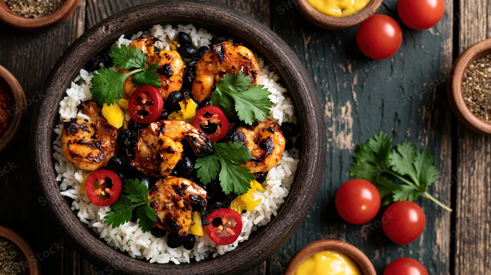 Grilled shrimp over rice with black beans and cilantro in a dark stone bowl on wooden surface
