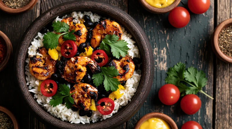 Grilled shrimp over rice with black beans and cilantro in a dark stone bowl on wooden surface