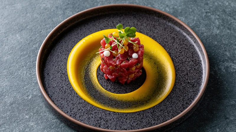 Tuna tartare served on a black ceramic plate with yellow sauce and microgreens garnish