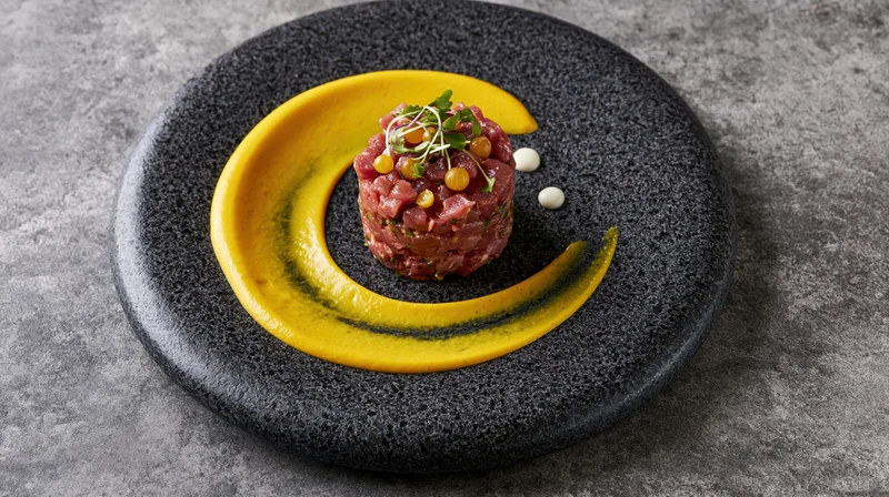 Tuna tartare served on a black stone plate with yellow sauce and microgreens garnish