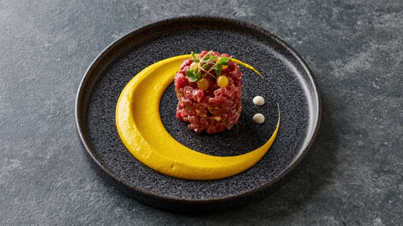 Tuna tartare served on a black ceramic plate with yellow sauce crescent and garnishes on dark stone surface