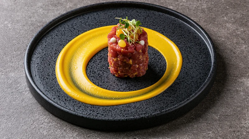 Tuna tartare served on a black speckled plate with yellow sauce ring and microgreens garnish