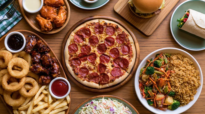 Overhead view of a large spread of casual restaurant food on a wooden table