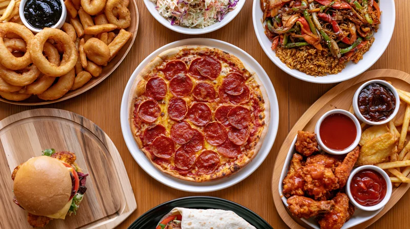 Overhead view of a large spread of casual restaurant food including pizza, burger, chicken wings, fries, onion rings, and side dishes on a wooden table