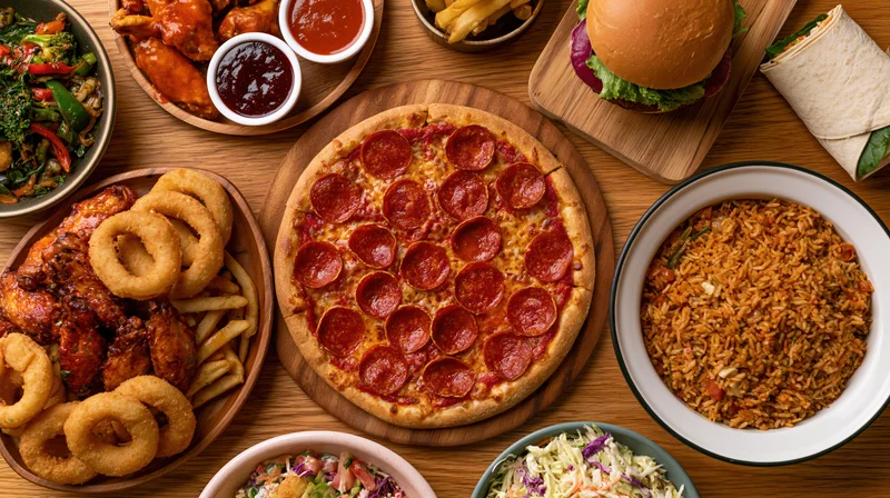 Overhead flat-lay of a large spread of casual restaurant food on a wooden table
