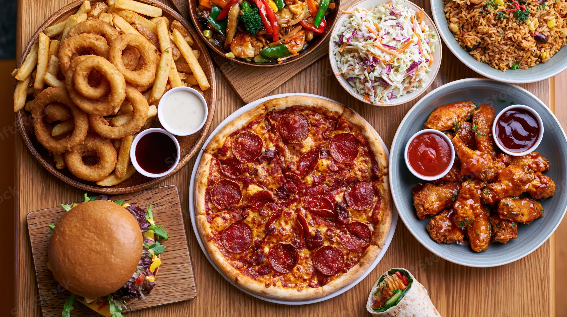 Overhead flat-lay of a large spread of casual restaurant food on a wooden table