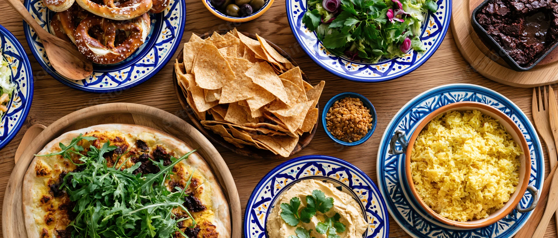 Overhead view of a wooden table set with mediterranean dishes including hummus, pita, salad, chips, olives, and couscous arranged for sharing