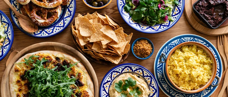Overhead view of a wooden table set with mediterranean dishes including hummus, pita, salad, chips, olives, and couscous arranged for sharing