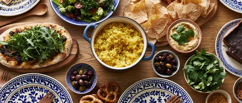 Overhead view of a wooden dining table set with a variety of Mediterranean dishes including rice, salad, hummus, chips, olives, and pizza arranged for a shared meal