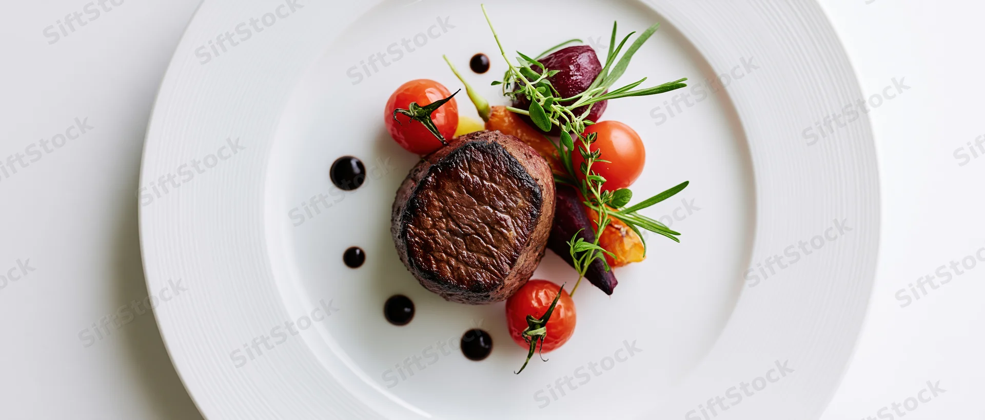 Seared beef steak with cherry tomatoes and rosemary garnish on a white plate, overhead view
