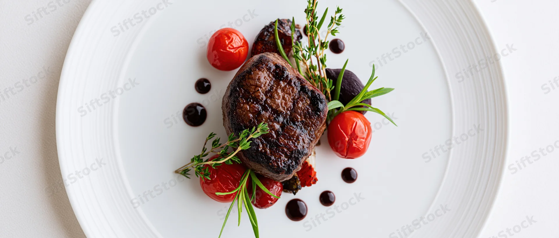 Grilled steak with roasted tomatoes and herbs on a white plate in fine dining presentation