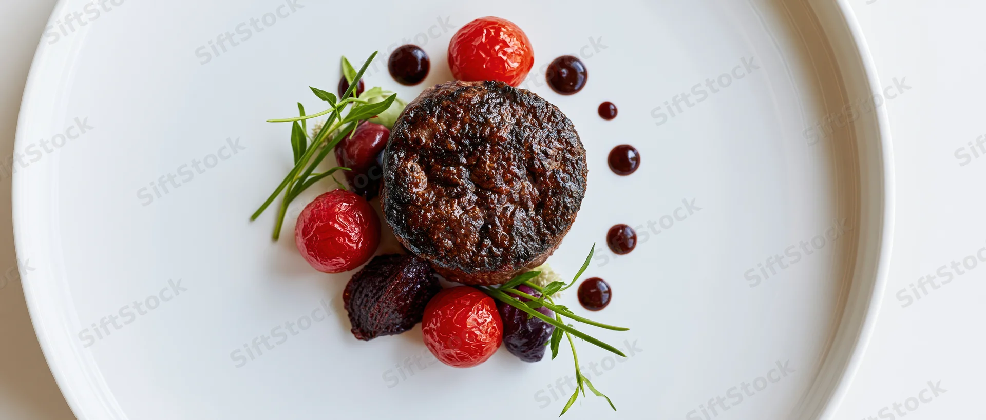 Seared beef steak with cherry tomatoes and herbs on a white plate in fine dining presentation