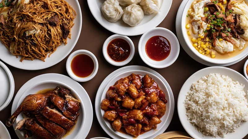 Overhead flat-lay of multiple Chinese restaurant dishes arranged on a brown table including noodles, roasted duck, sweet and sour chicken, rice, dumplings, and sauces