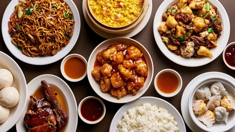 Overhead flat-lay of various Chinese restaurant dishes arranged on a dark surface