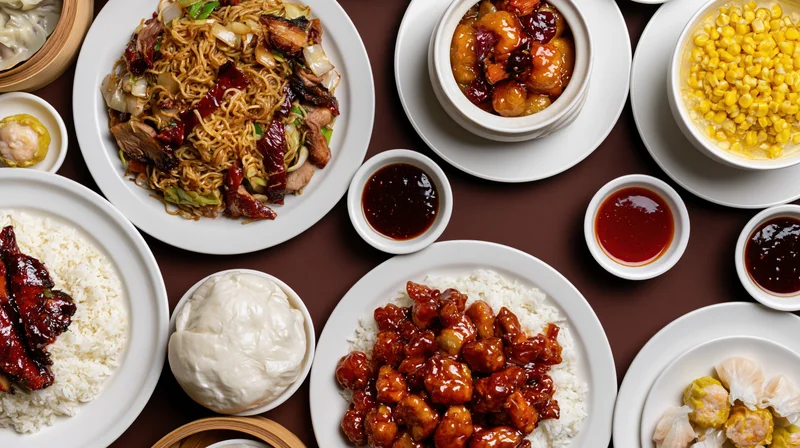 Overhead flat-lay of various chinese restaurant dishes arranged on a brown table including noodles, rice, sweet and sour chicken, dumplings, corn, and sauces