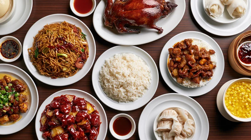 Overhead flat-lay of a spread of chinese restaurant dishes on a wooden table