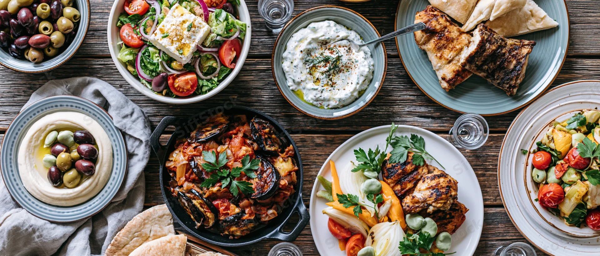 Overhead view of greek mezze dishes arranged on a rustic wooden table with hummus, tzatziki, grilled chicken, eggplant, olives, and pita bread