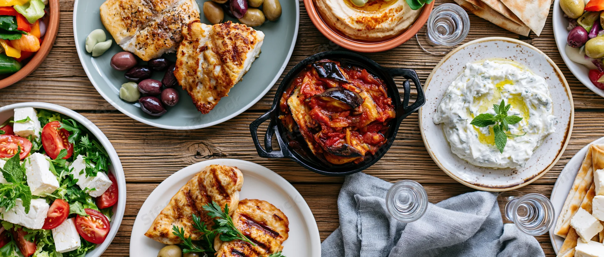Overhead view of greek mezze dishes arranged on a rustic wooden table with plates of salad, grilled fish, hummus, tzatziki, and pita bread
