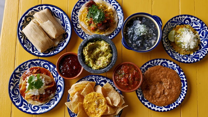 Overhead flat-lay of traditional mexican dishes arranged on a yellow table with blue and white patterned plates