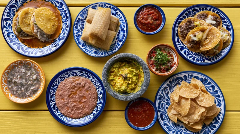 Overhead flat-lay of traditional Mexican dishes arranged on a yellow wooden table with blue and white patterned ceramic plates and bowls containing tacos, tamales, enchiladas, refried beans, guacamole, salsa, and tortilla chips