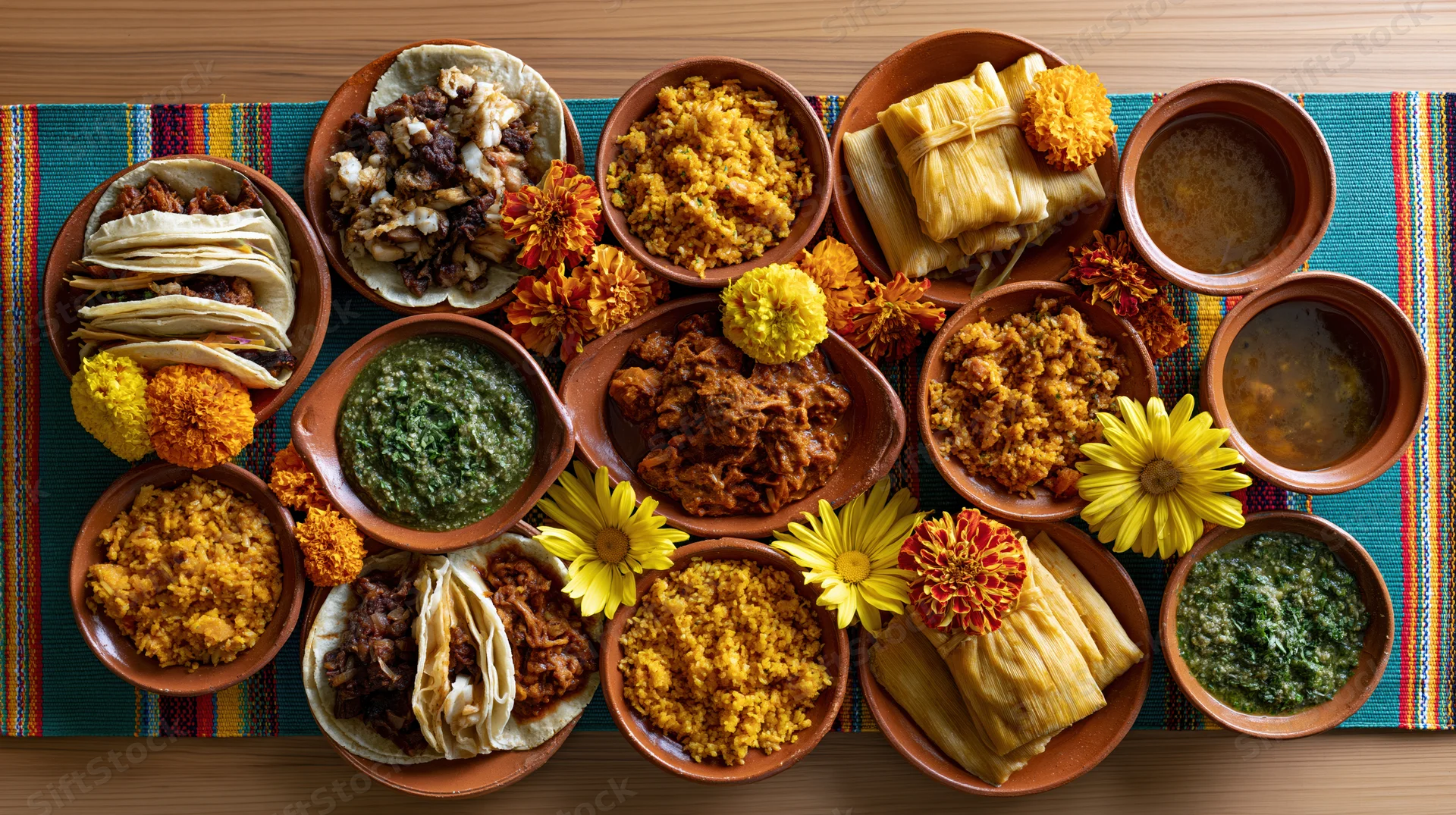 Traditional mexican feast spread with tamales, tacos, rice, beans, salsa and marigold flowers on a colorful tablecloth