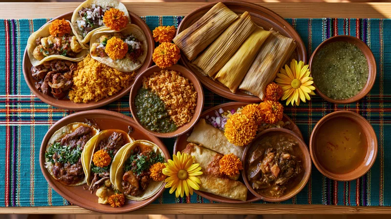 Traditional mexican feast with tacos, tamales, rice, beans, and marigold flowers arranged on a colorful textile placemat