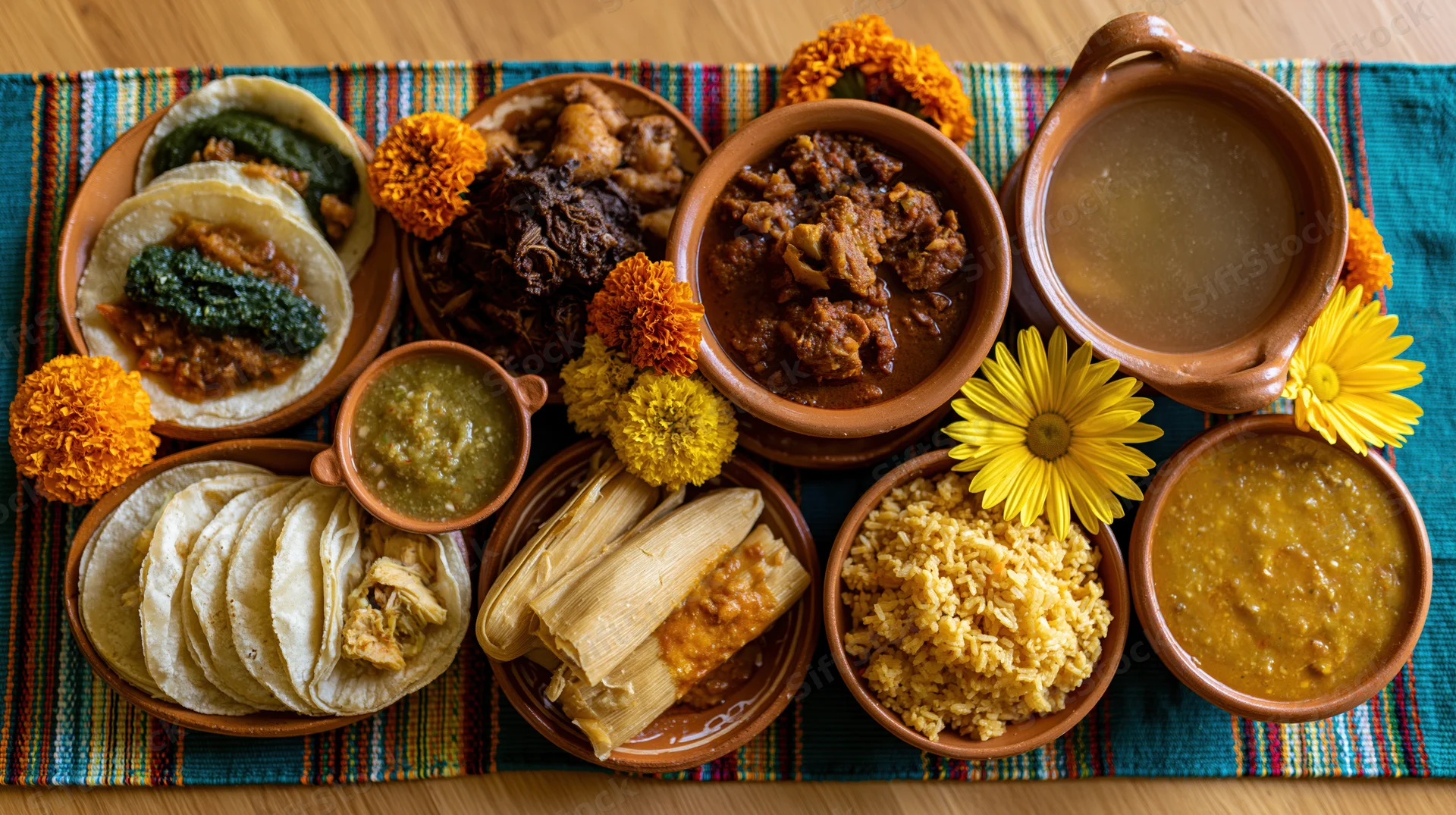 Traditional mexican feast spread on table with clay dishes and marigold flowers