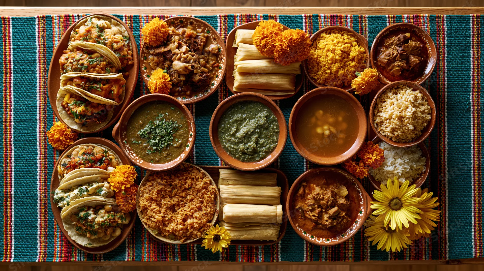 Traditional mexican feast spread with tacos, tamales, rice, beans, and flowers on a colorful woven placemat