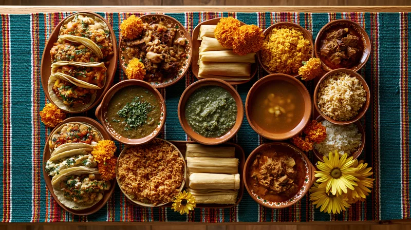 Traditional mexican feast spread with tacos, tamales, rice, beans, and flowers on a colorful woven placemat
