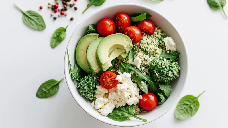 Overhead flat-lay of a white ceramic bowl filled with sliced avocado, cherry tomatoes, quinoa, spinach, broccoli, and feta cheese on a white surface