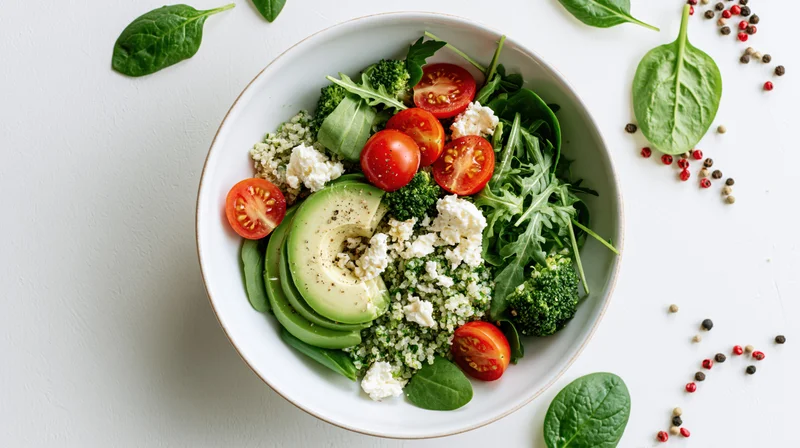 Overhead flat-lay of a white ceramic bowl filled with sliced avocado, cherry tomatoes, broccoli, spinach, arugula, feta cheese and quinoa on a white surface with scattered peppercorns and leaves