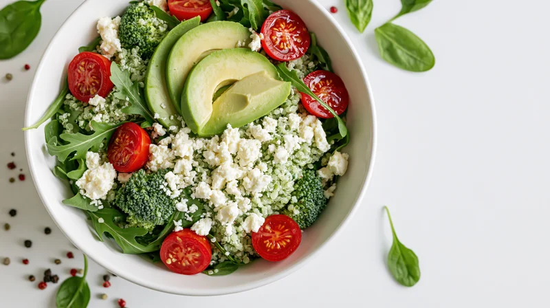 Overhead view of a white ceramic bowl filled with avocado, cherry tomato, broccoli, quinoa, feta, and greens on a white surface