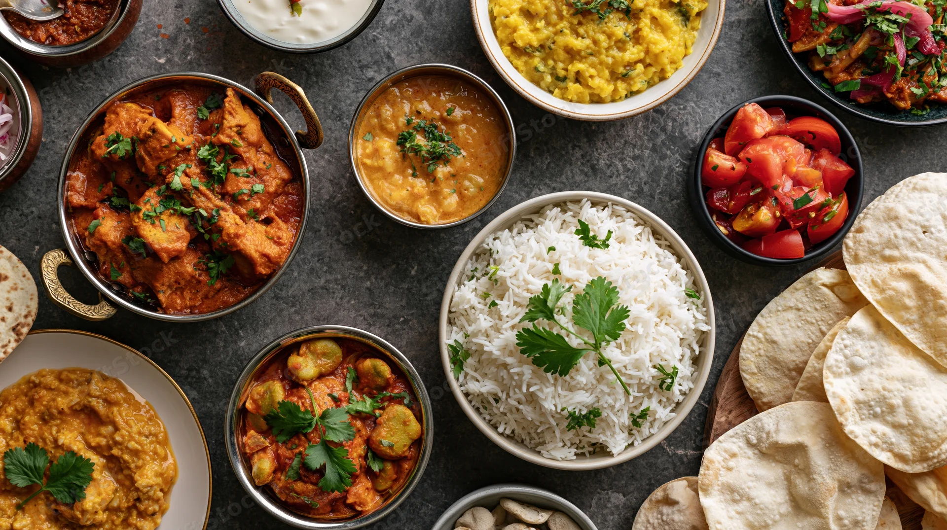 Overhead view of an indian meal spread with curry, rice, flatbread and vegetables on a dark grey surface