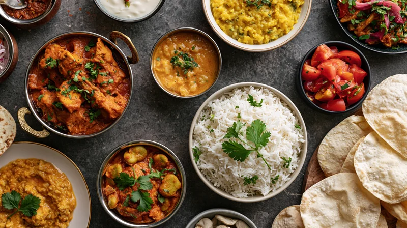 Overhead view of an indian meal spread with curry, rice, flatbread and vegetables on a dark grey surface