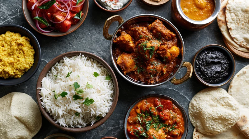 Indian meal spread with curry, rice, naan and chutney on dark grey surface