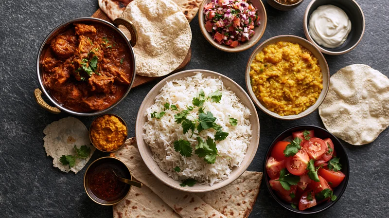 Indian meal spread with curry, rice, naan and side dishes on dark grey surface
