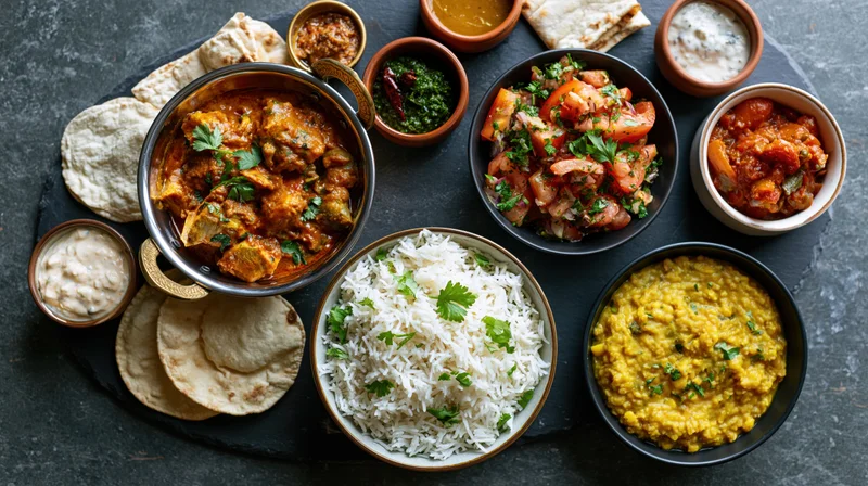 Indian meal spread with curry, rice, dal, naan and chutneys on dark slate surface