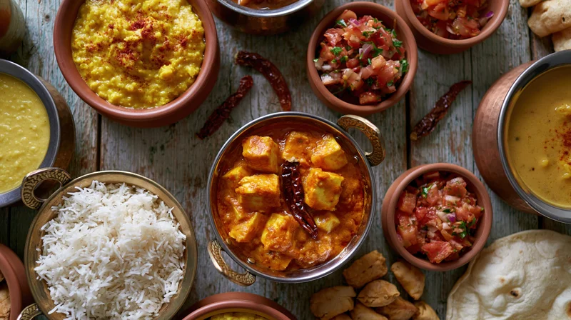 Indian meal spread with curry, rice, chutney, and roti on weathered wooden table