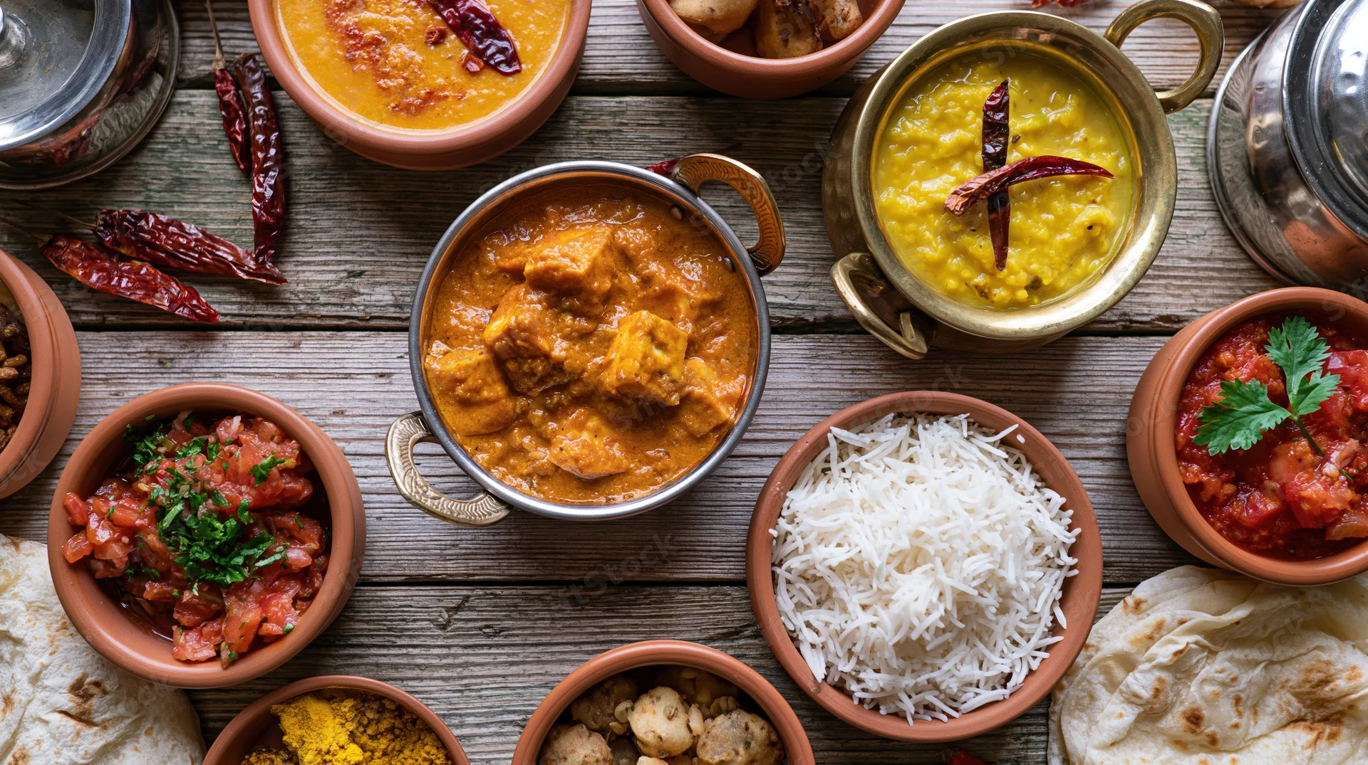 Indian meal spread with curry, rice, naan and side dishes on wooden table