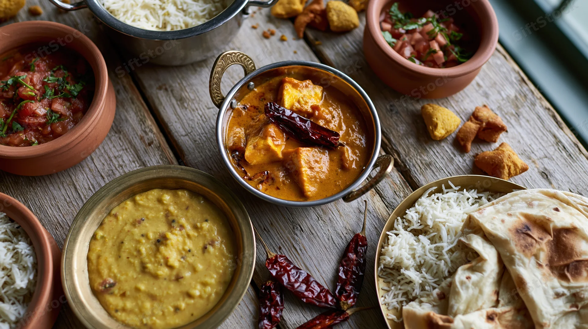 Indian meal with curry, rice, dal, naan and chutney arranged on a weathered wooden table