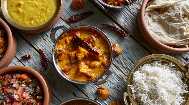 Indian meal spread with curry, rice, naan and chutney on weathered wooden table